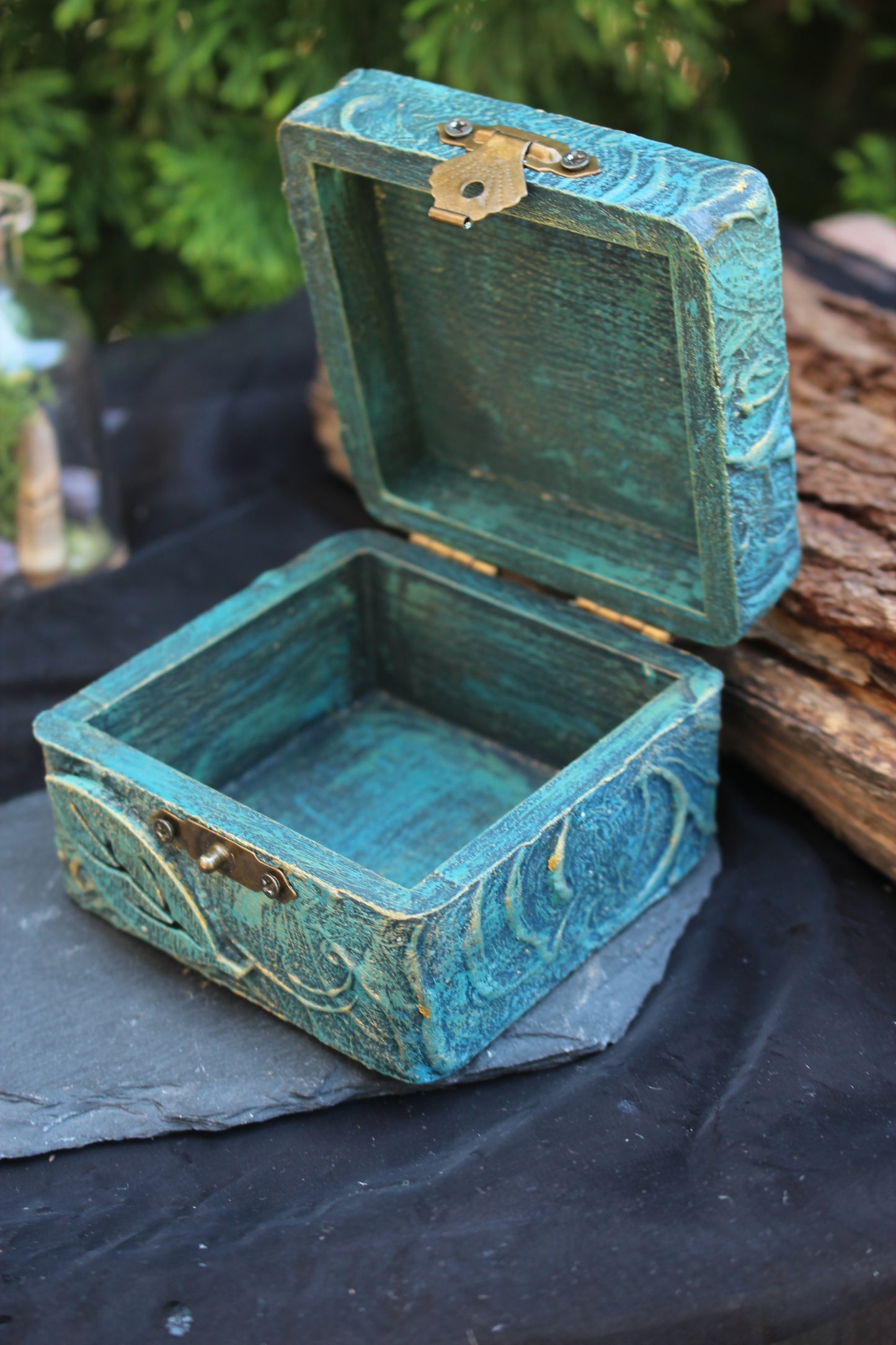 Nature-inspired handcrafted wooden keepsake box with an elegant fantasy style finish