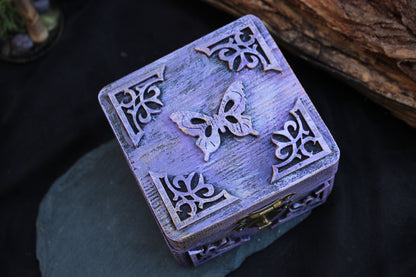 Handmade purple wooden keepsake box with butterfly design