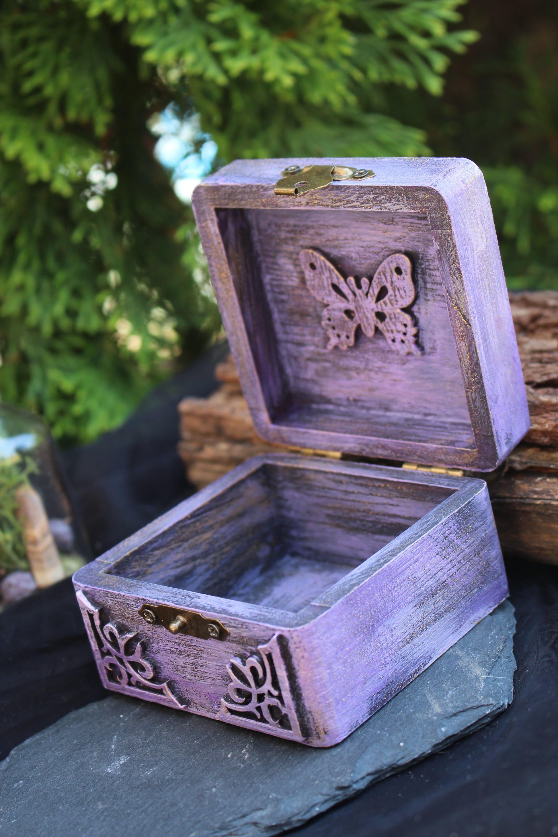 Purple wooden trinket box for rings, earrings, and keepsakes