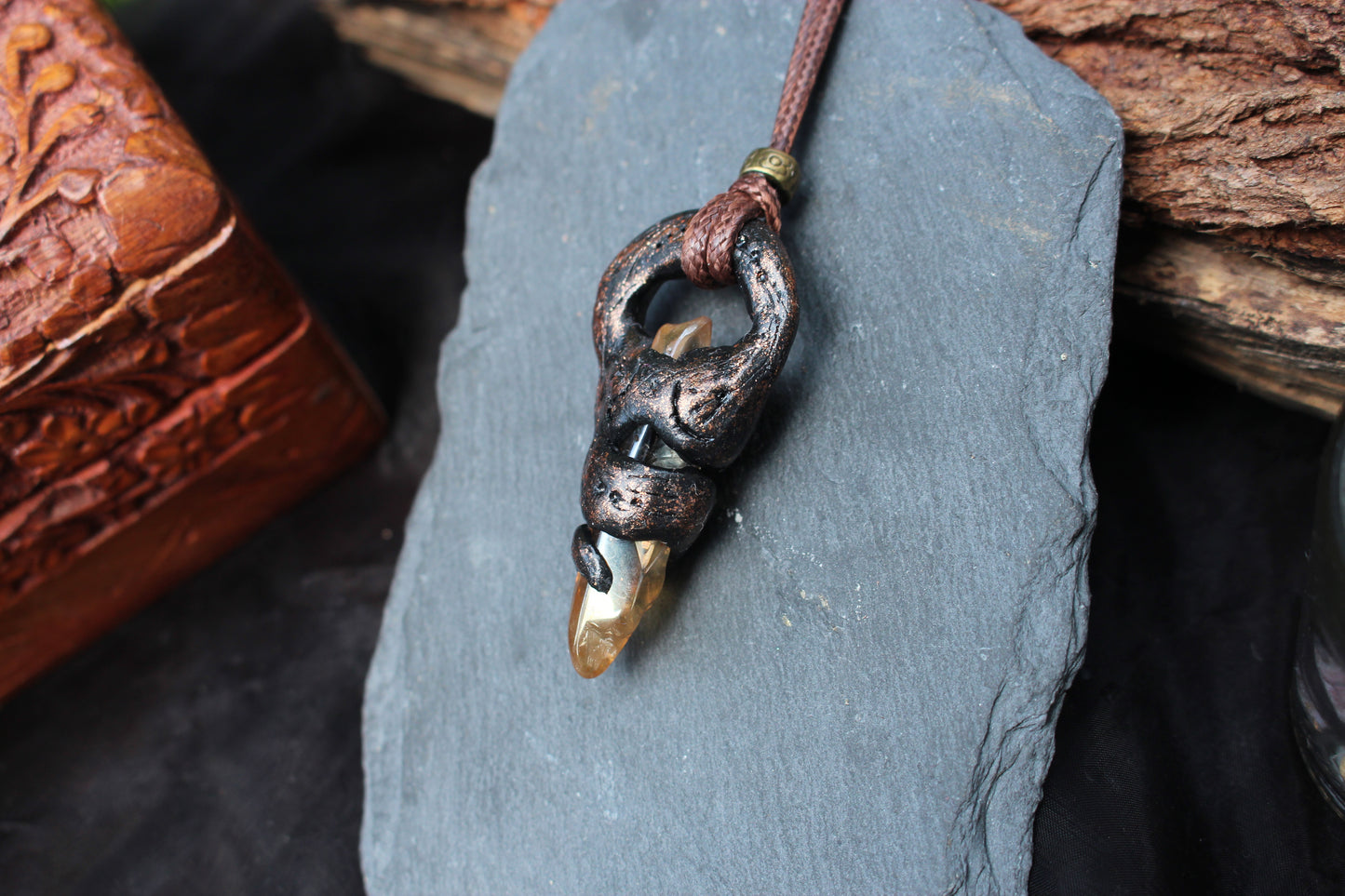 Fantasy talisman necklace featuring a natural Quartz Crystal centerpiece