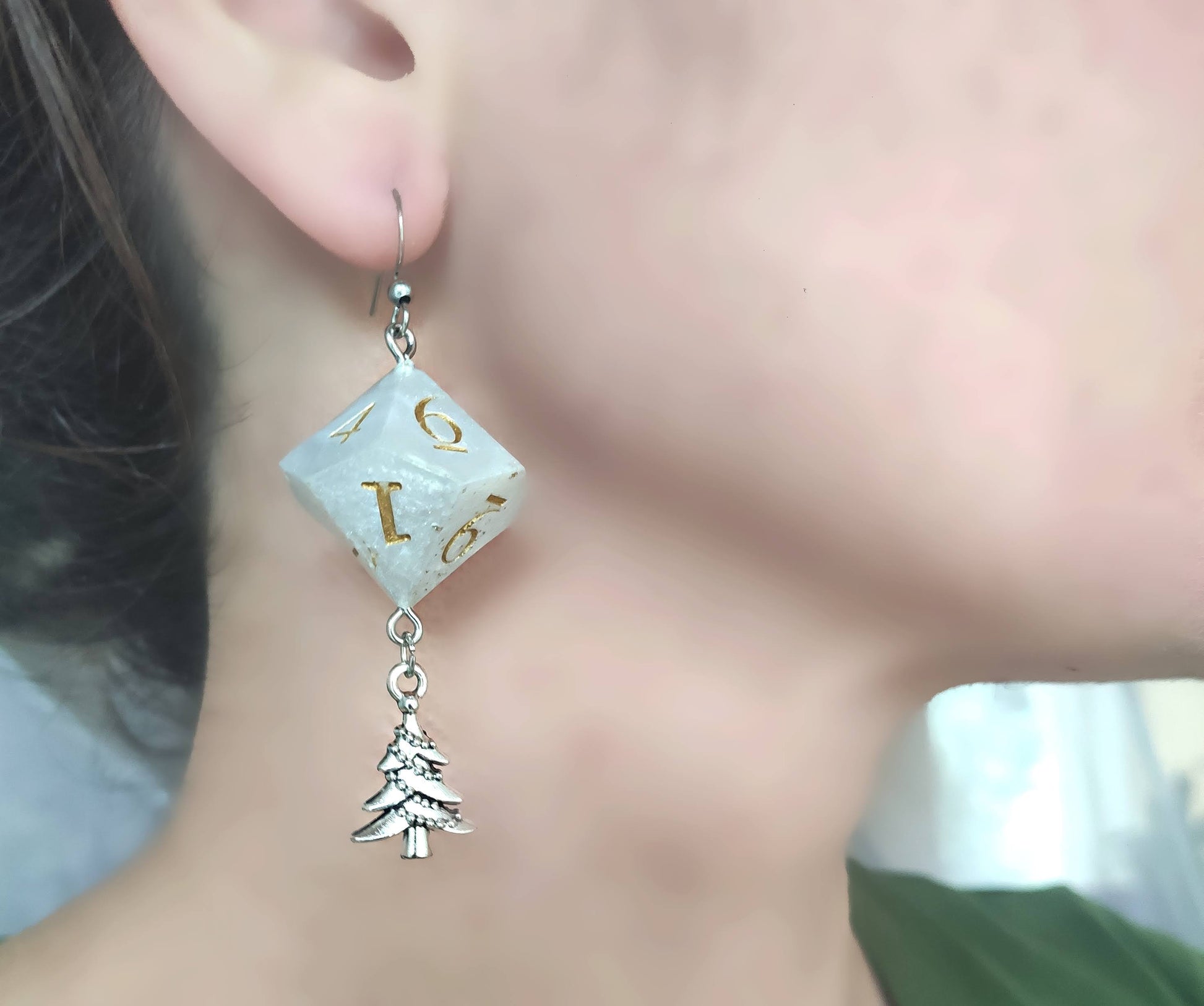 Resin D10 dice earrings with green Christmas tree charms