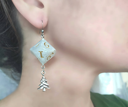 Resin D10 dice earrings with green Christmas tree charms