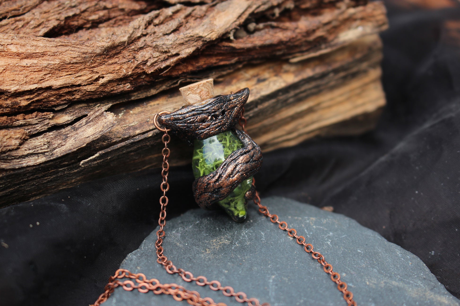Rustic handmade potion bottle necklace inspired by ancient druid relics