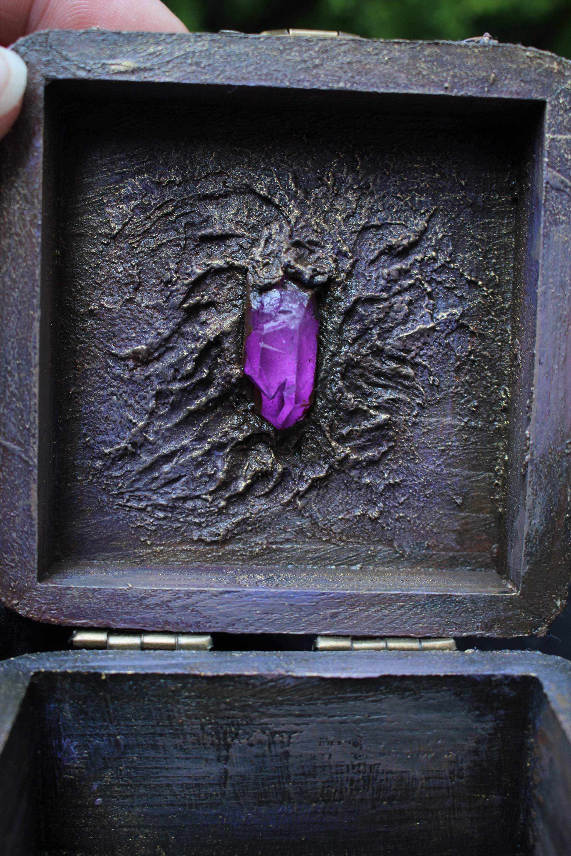Wooden keepsake box with secret hidden purple crystal