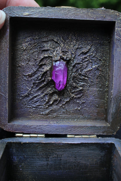 Wooden keepsake box with secret hidden purple crystal