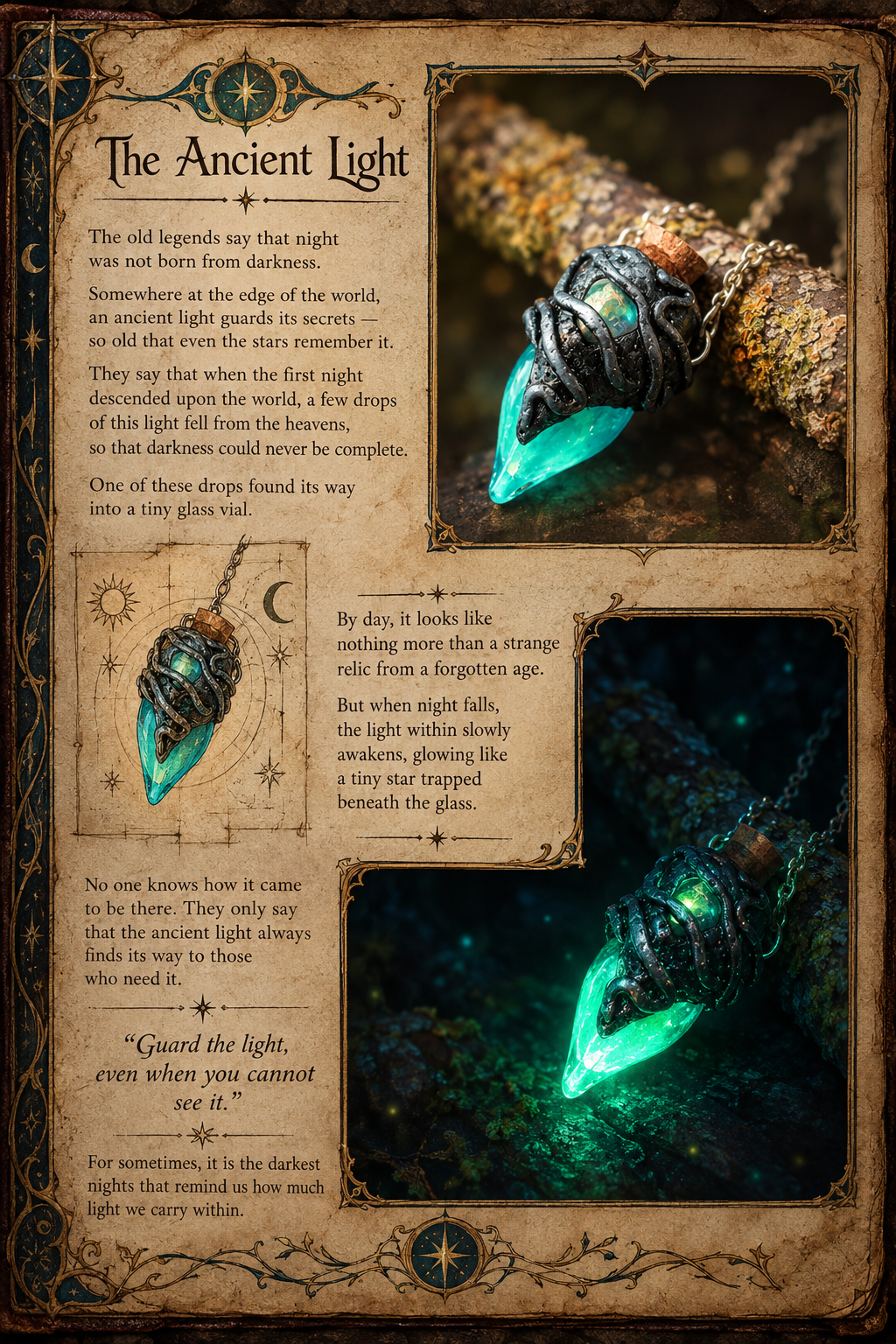 Fantasy grimoire illustration featuring The Ancient Light, a teal glowing potion vial necklace with a dark ornate metal setting, shown by day and glowing green in the darkness.