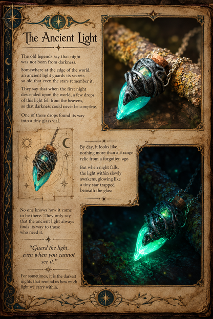 Fantasy grimoire illustration featuring The Ancient Light, a teal glowing potion vial necklace with a dark ornate metal setting, shown by day and glowing green in the darkness.