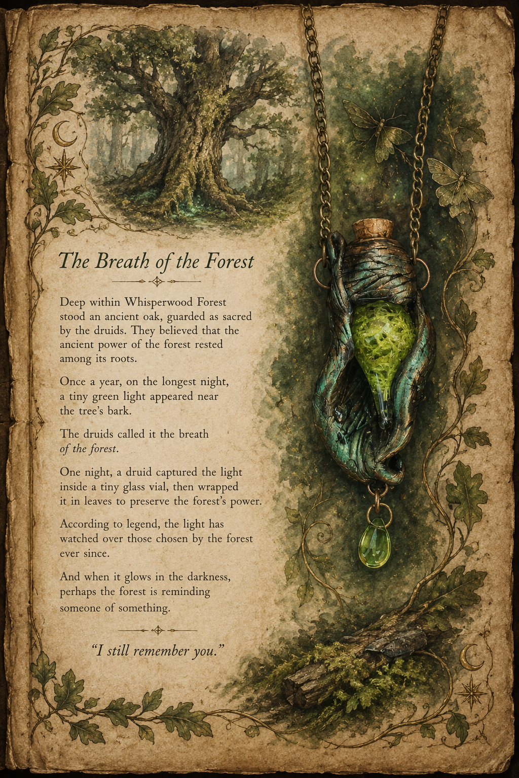 The Breath of the Forest illustrated grimoire page featuring druid magic, mystical forest lore and enchanted green vial pendant