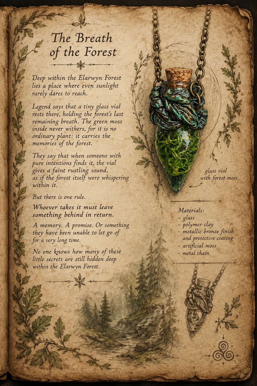 Antique fantasy codex page featuring the story and illustrated moss vial pendant from Elarwyn Forest