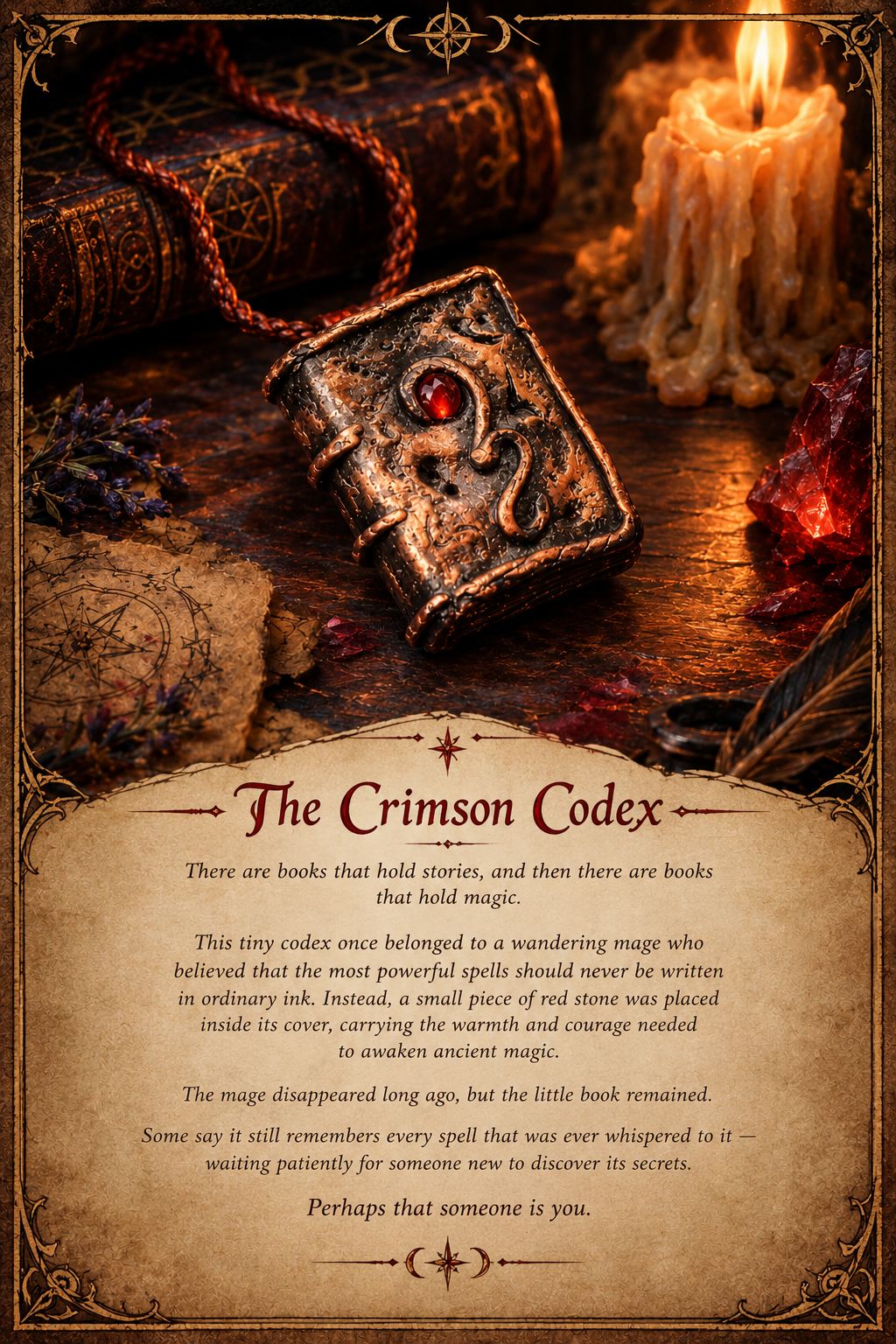 The Crimson Codex fantasy spellbook pendant with an antique bronze finish, glowing red gemstone, and mystical engraved details, displayed on an enchanted mage’s desk with candles, crystals, and ancient spellbooks.