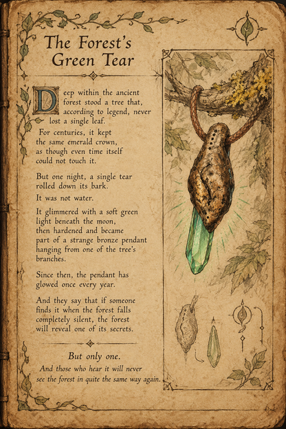Fantasy codex illustration of The Forest’s Green Tear pendant