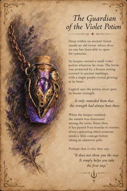 Illustrated fantasy grimoire page telling the story of The Guardian of the Violet Potion necklace