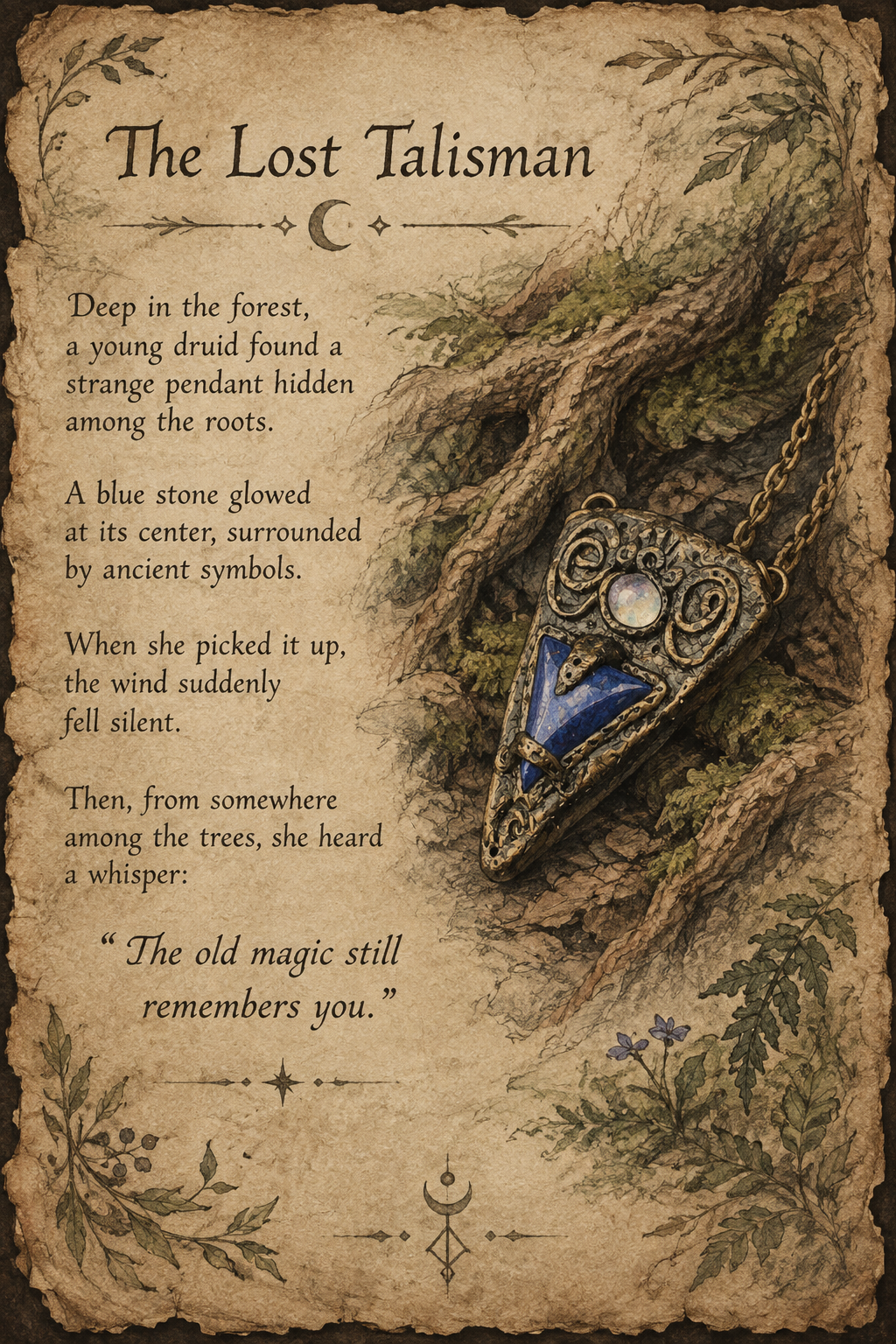 Fantasy codex artwork depicting The Lost Talisman with its mysterious blue gemstone