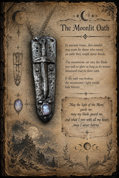 Fantasy jewelry storybook page featuring The Moonlit Oath sword necklace and its enchanted moonstone legend