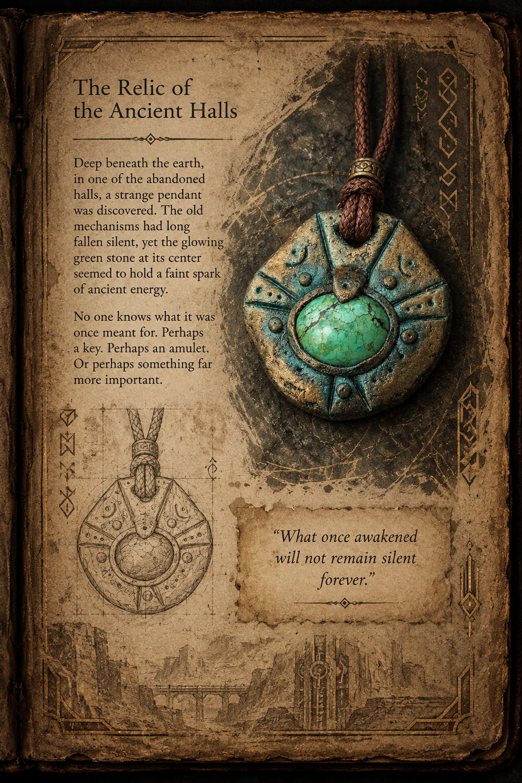 Illustrated grimoire page telling the story of a mysterious green-stone relic discovered deep within ancient abandoned halls.