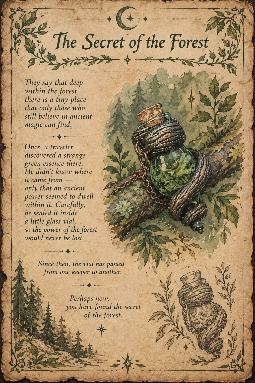 Illustrated fantasy storybook page telling the story of the mysterious green essence and its journey through the forest