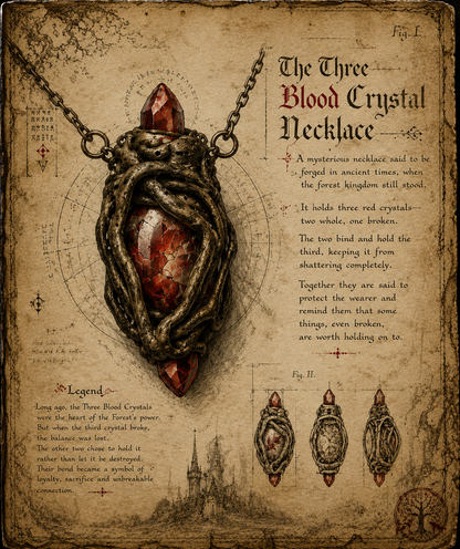 Fantasy codex illustration of the Three Blood Crystal Necklace, featuring three red crystals bound together by an ornate dark metal setting, with two whole crystals holding a broken third crystal, surrounded by ancient manuscript drawings and lore.