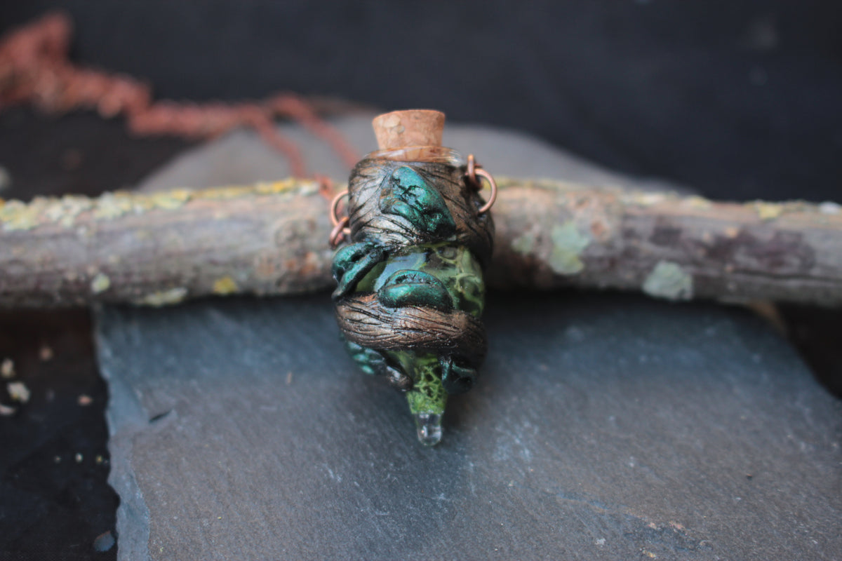 Tiny moss potion necklace handmade with a magical druid and forest-inspired design