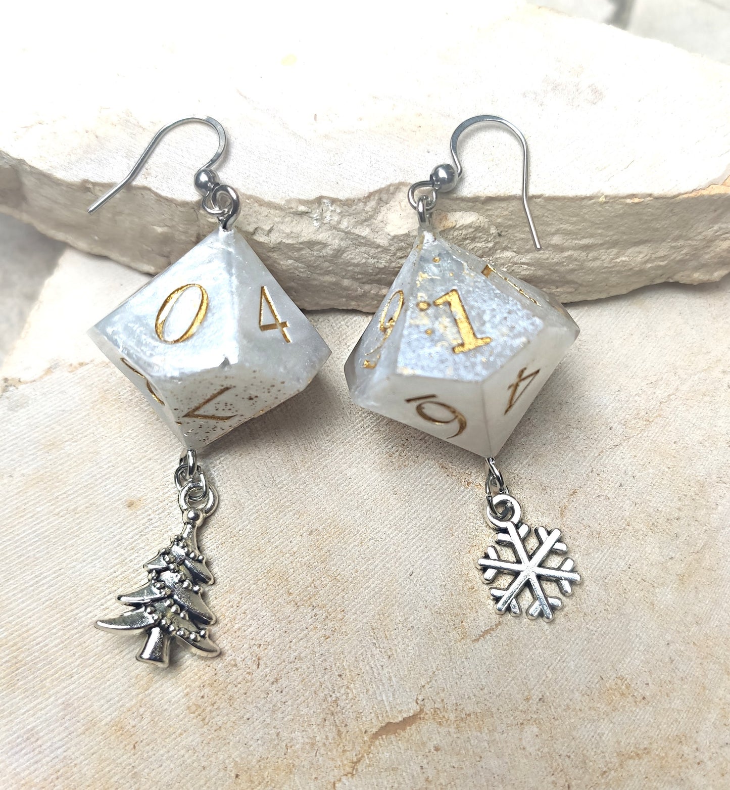 Handmade Christmas tree dice earrings displayed in a gift box