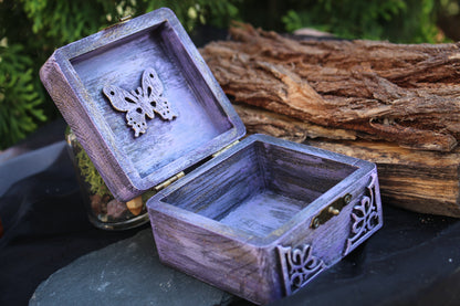 Unique handmade wooden keepsake box in purple