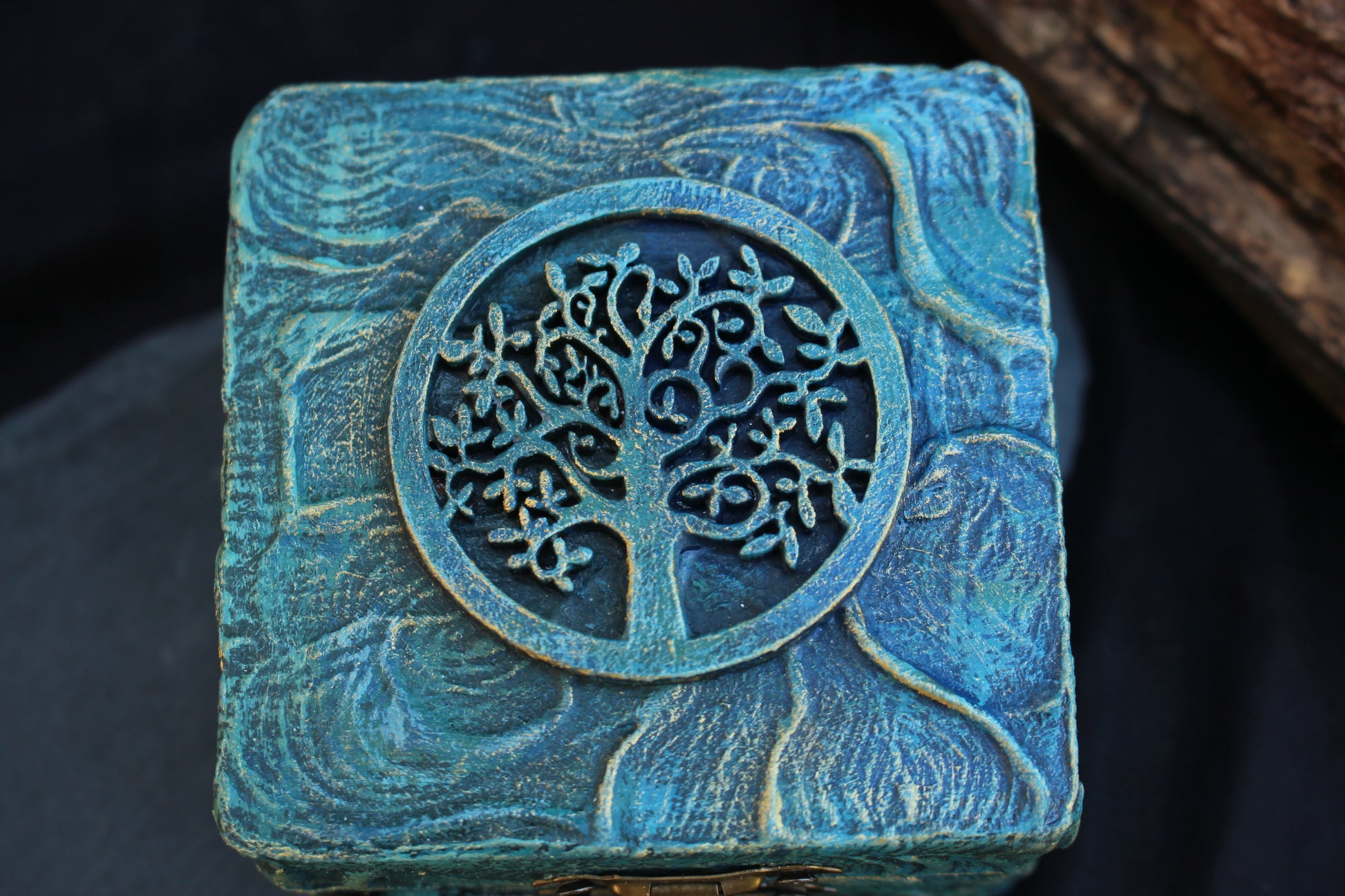 Unique handcrafted Tree of Life box made from wood with a textured painted surface