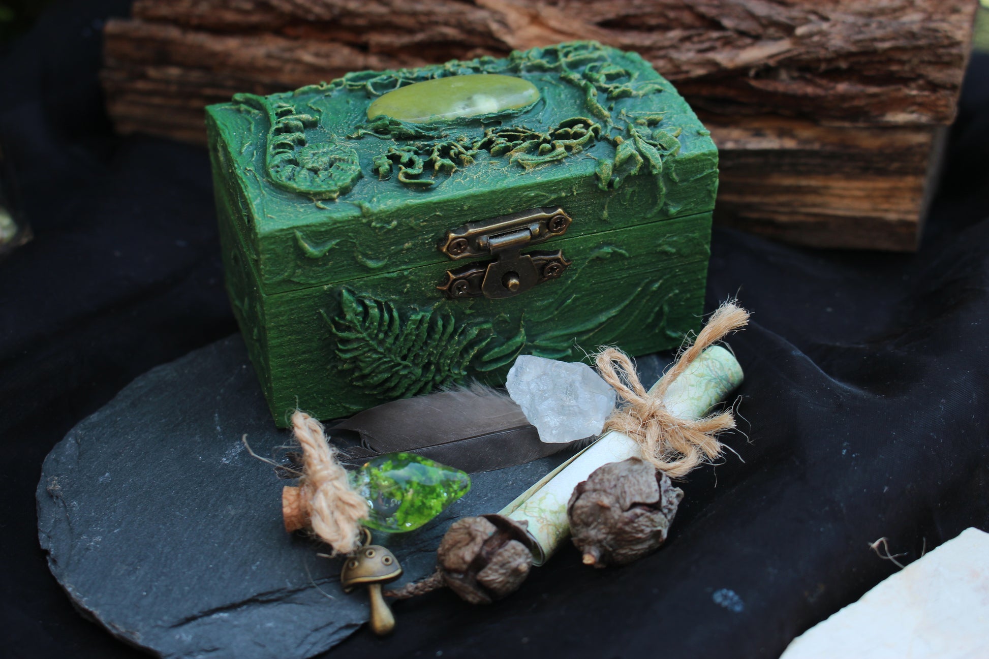 Unique handmade wooden gift chest with jade stone detail