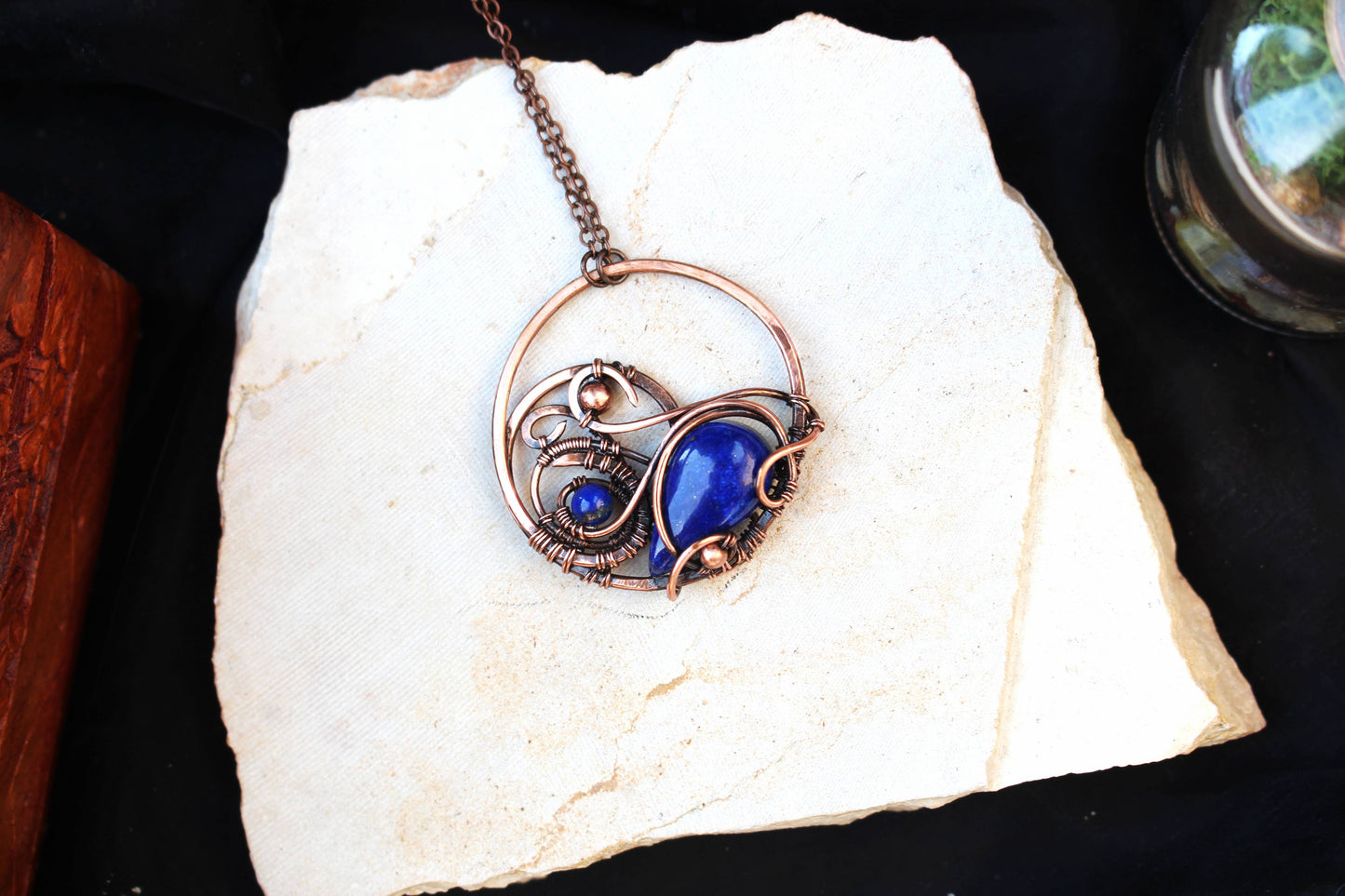 Unique crystal pendant necklace wrapped in copper wire