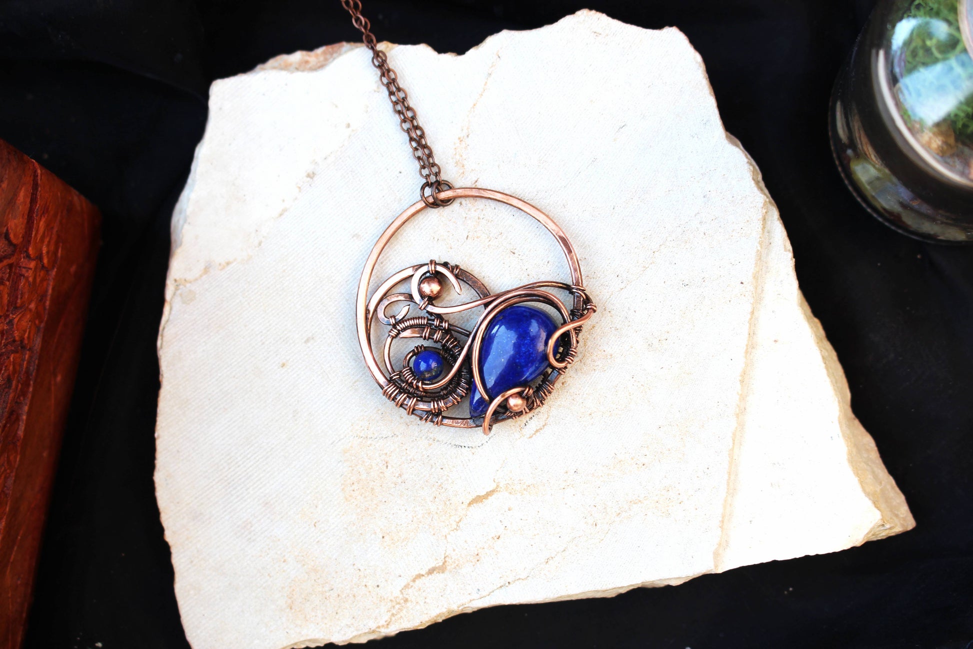 Unique crystal pendant necklace wrapped in copper wire