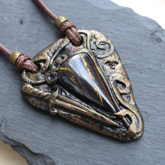 Handmade warrior amulet necklace with Tiger Iron gemstone