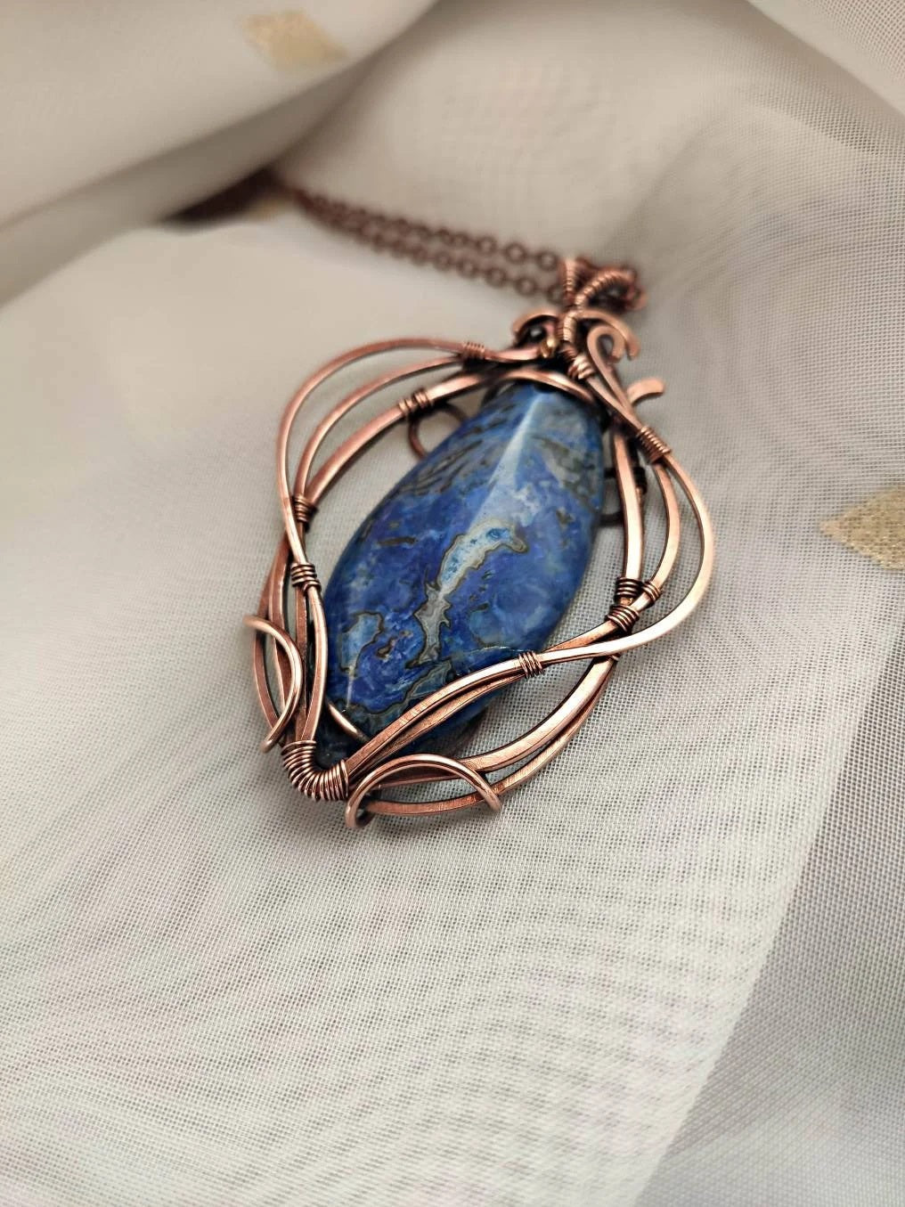 Boho style blue crazy agate gemstone necklace with copper wire wrap