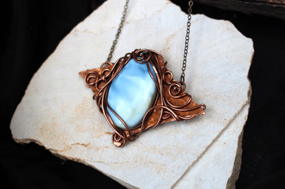 Handmade wire wrapped blue opal copper pendant necklace artisan jewelry