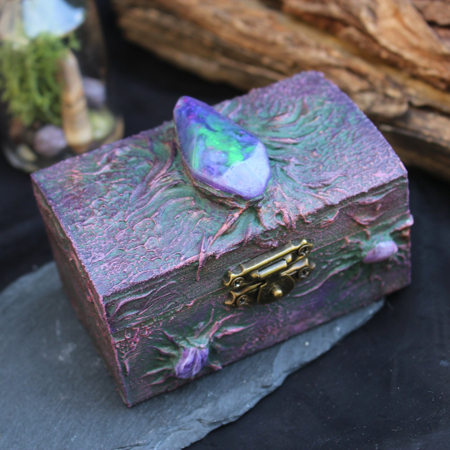 Handmade witchy wooden treasure chest with glowing crystal
