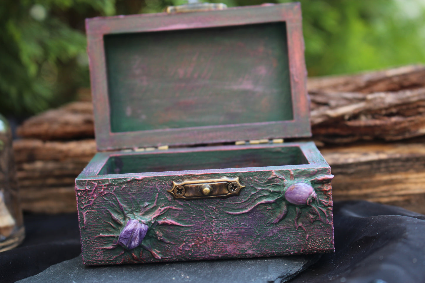 Witchy wooden keepsake box decorated with Charoite gemstones