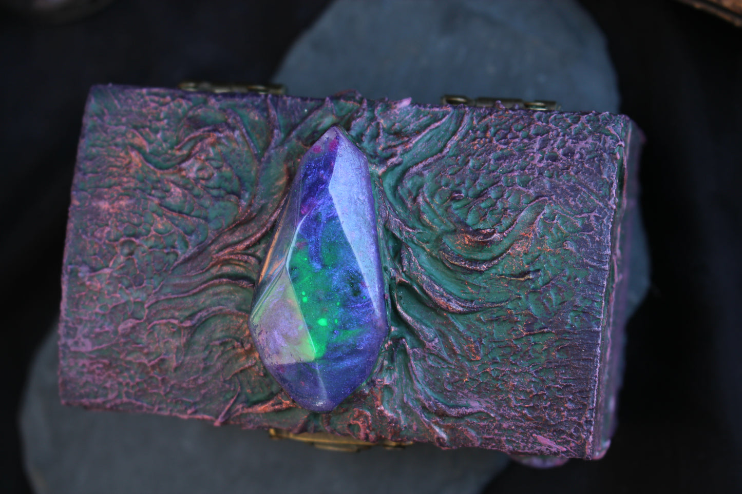 Handmade wooden crystal chest with magical details