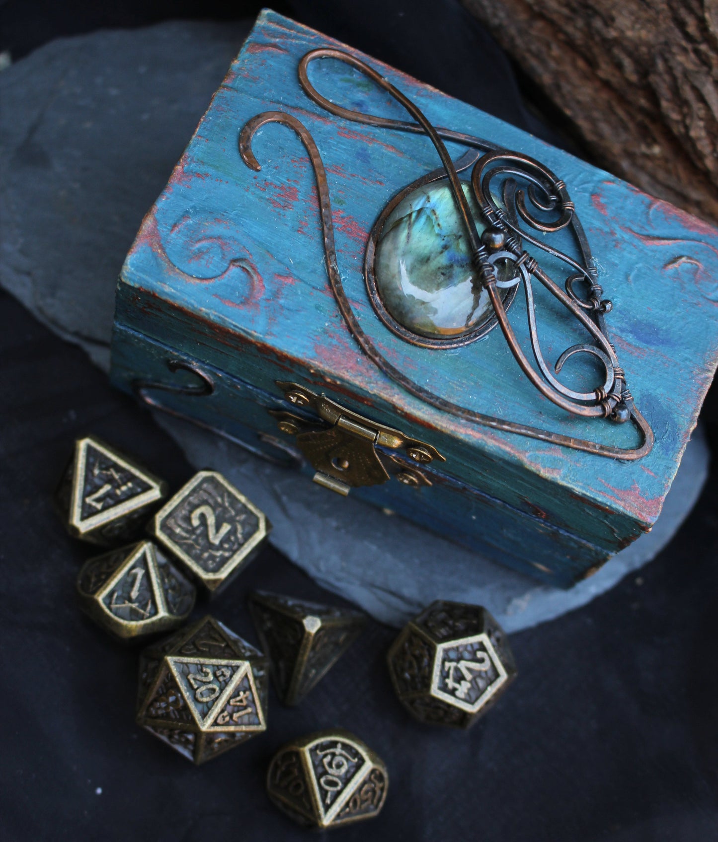 Handmade wooden dice box with labradorite gemstone and bronze metal dice