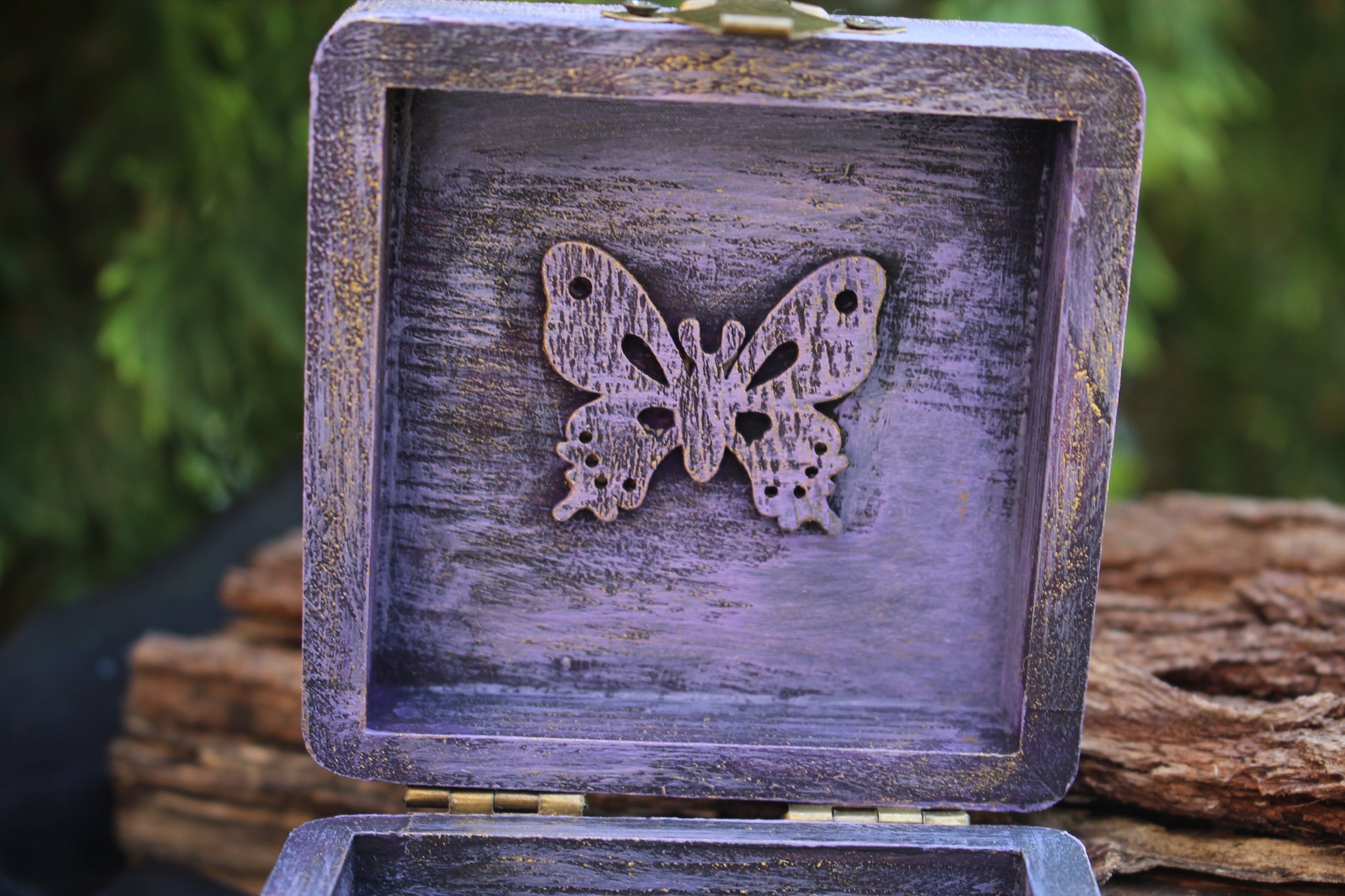 Handmade wooden jewelry storage box with butterfly decoration