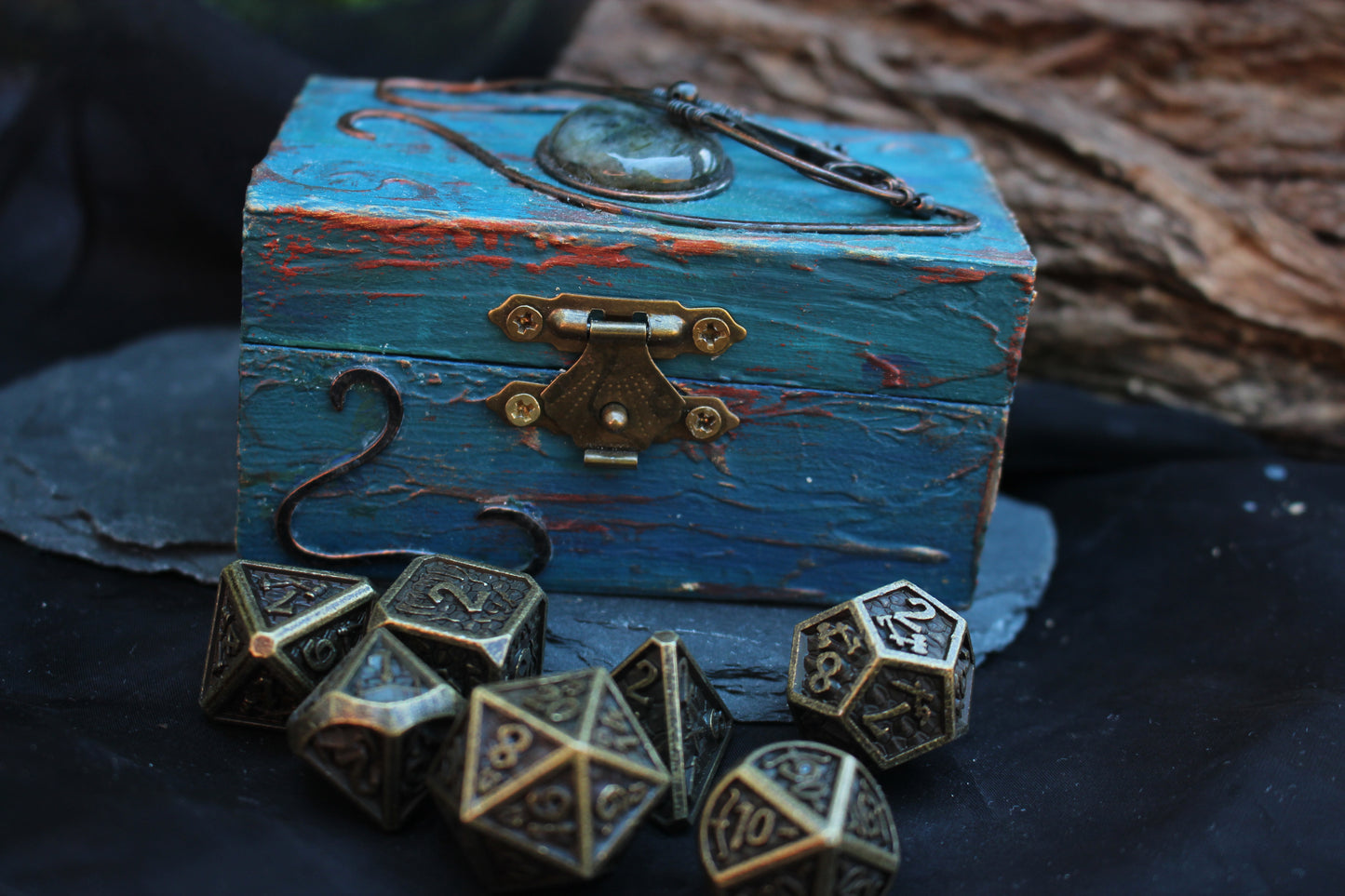 Handmade wooden keepsake box with fantasy inspired decoration