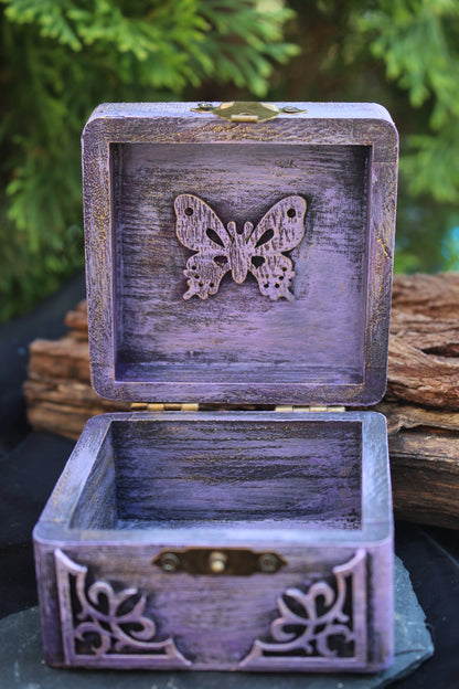 Handmade wooden memory box with elegant butterfly artwork