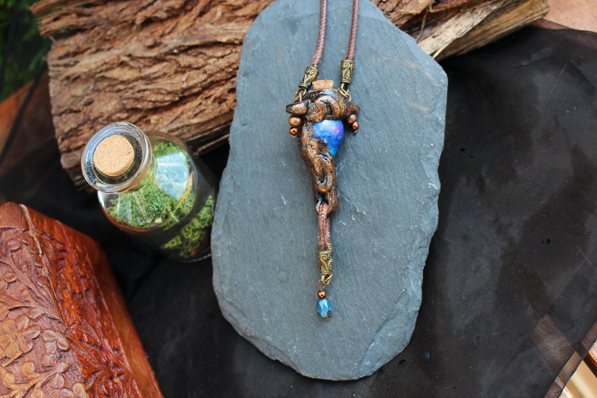 Nature inspired woodland necklace with fantasy rune pendant handmade jewelry