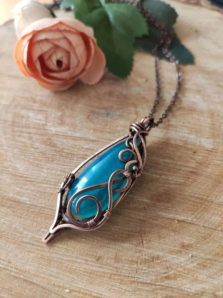 Blue agate crystal pendant wrapped in copper wire handmade necklace