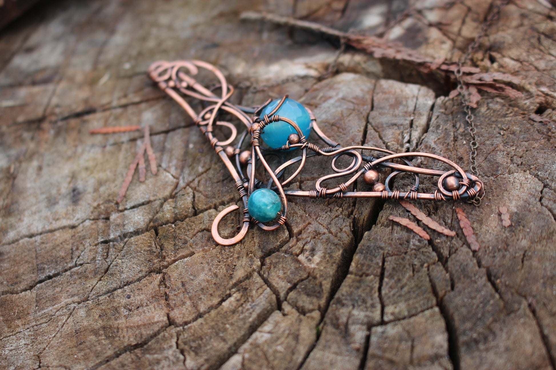 Handmade blue agate and kyanite wire wrapped amulet necklace front view