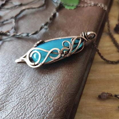 Handmade blue agate wire wrapped necklace fantasy style jewelry