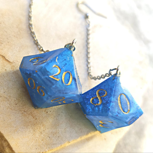 Blue D10 dice earrings, fantasy-inspired RPG accessory