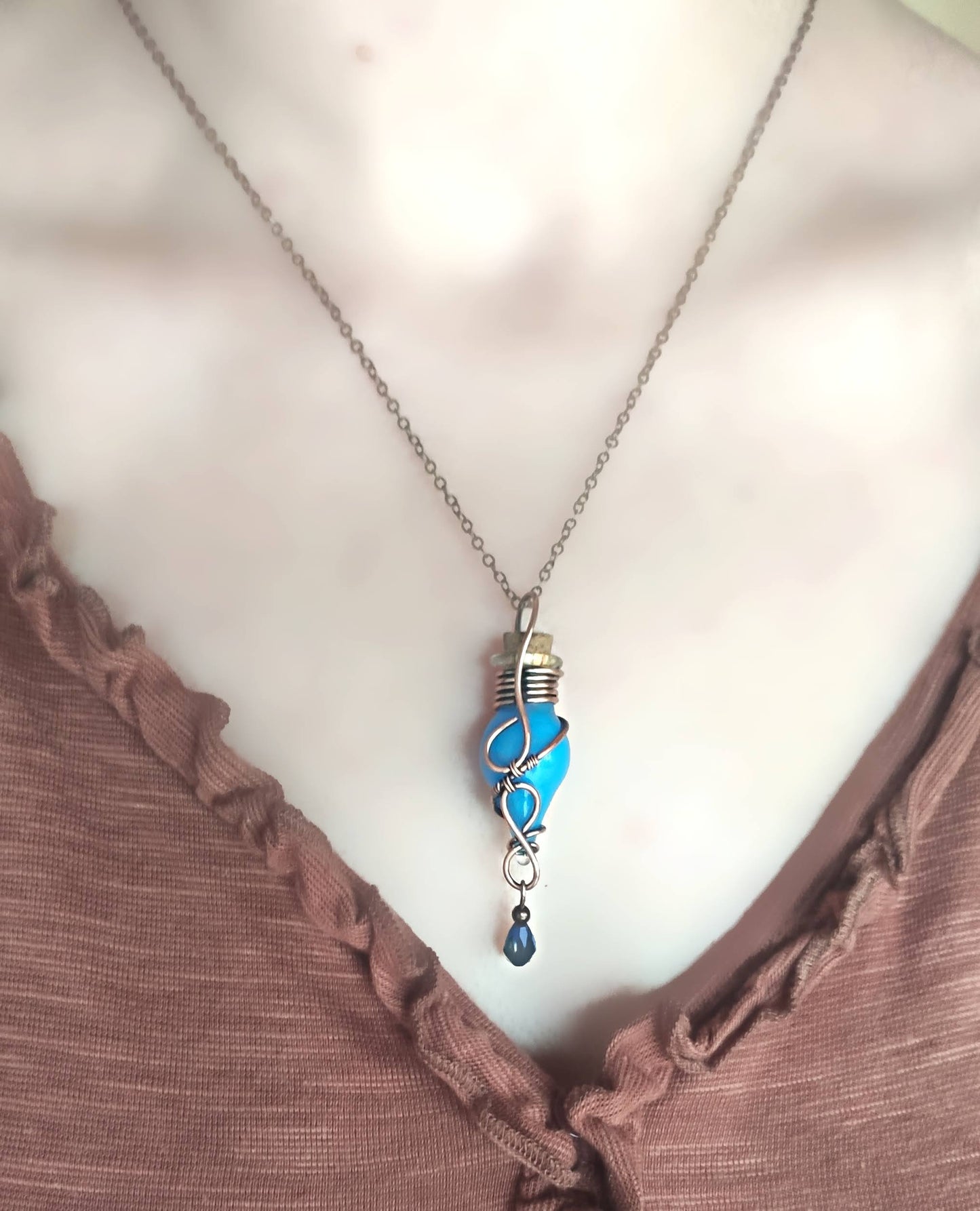 fantasy blue potion bottle necklace magical vial pendant for RPG and LARP