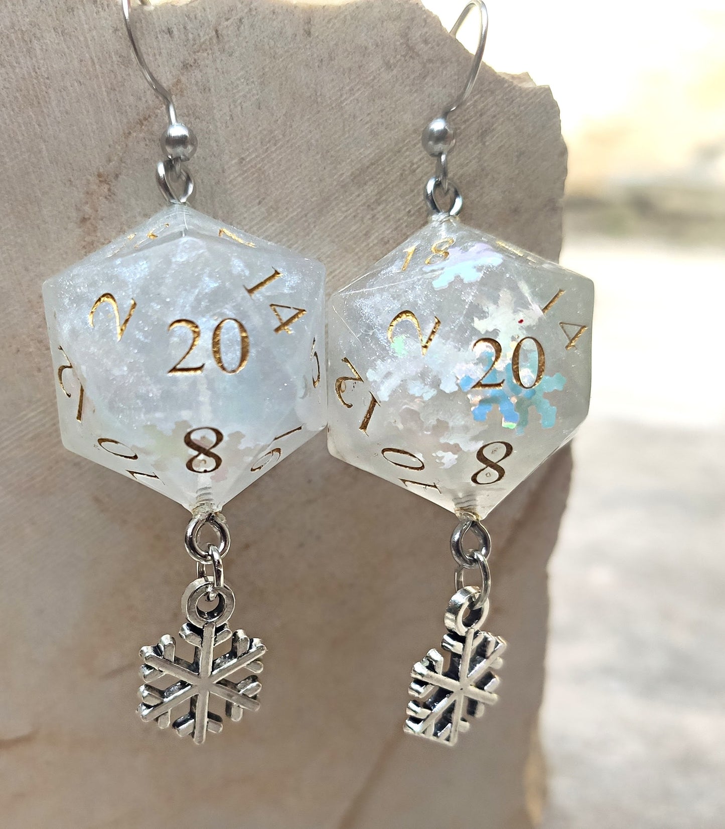 D20 dice earrings with snowflake charms, fantasy themed jewelry