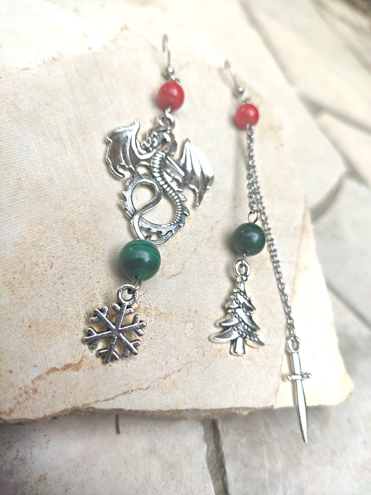 Handmade dragon dangle earrings with malachite and coral beads, fantasy jewelry
