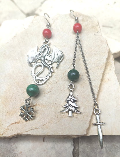 Close-up of dragon dangle earrings, artisan jewelry with gemstone beads