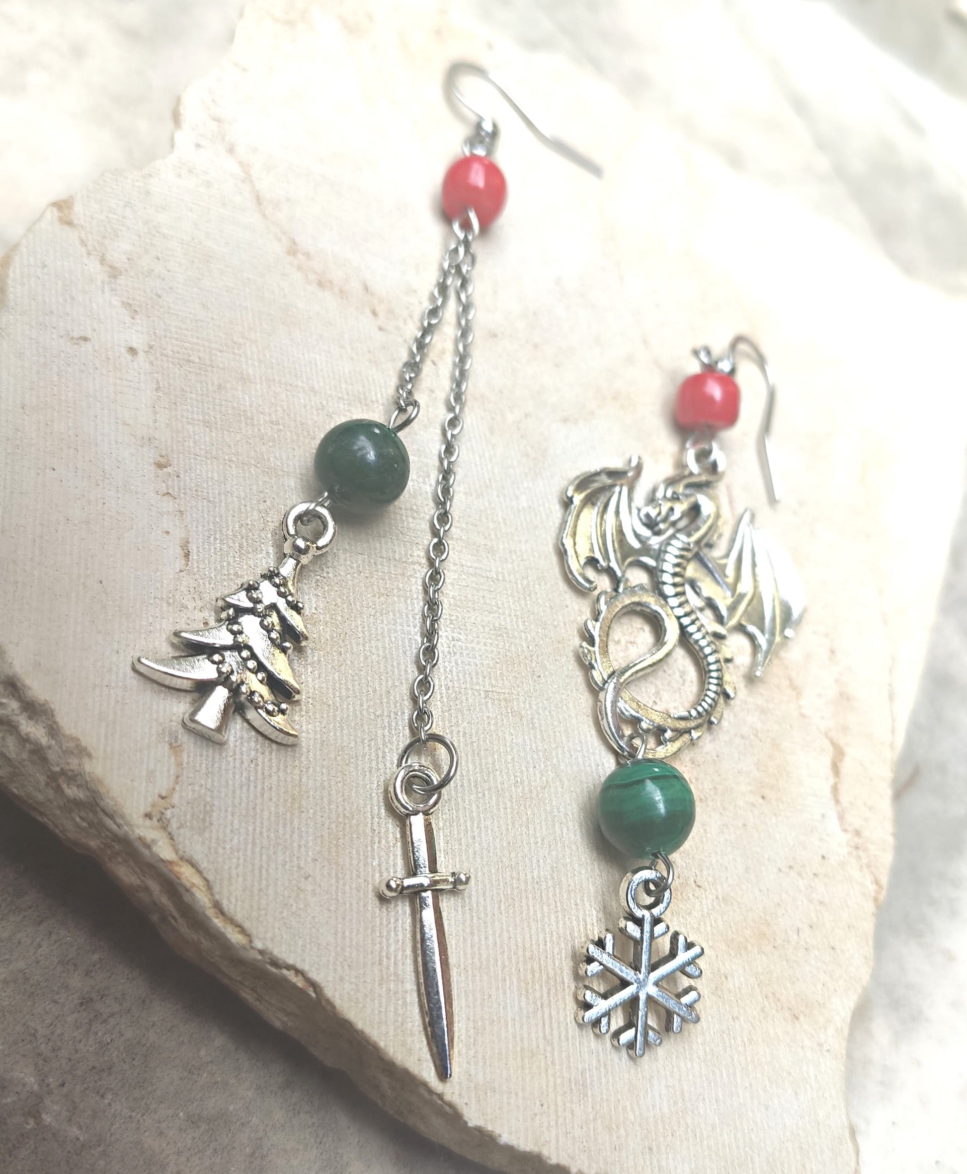 Handmade dragon earrings, holiday gift idea, malachite and coral