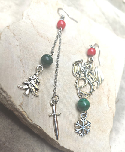 Handmade dragon earrings, holiday gift idea, malachite and coral