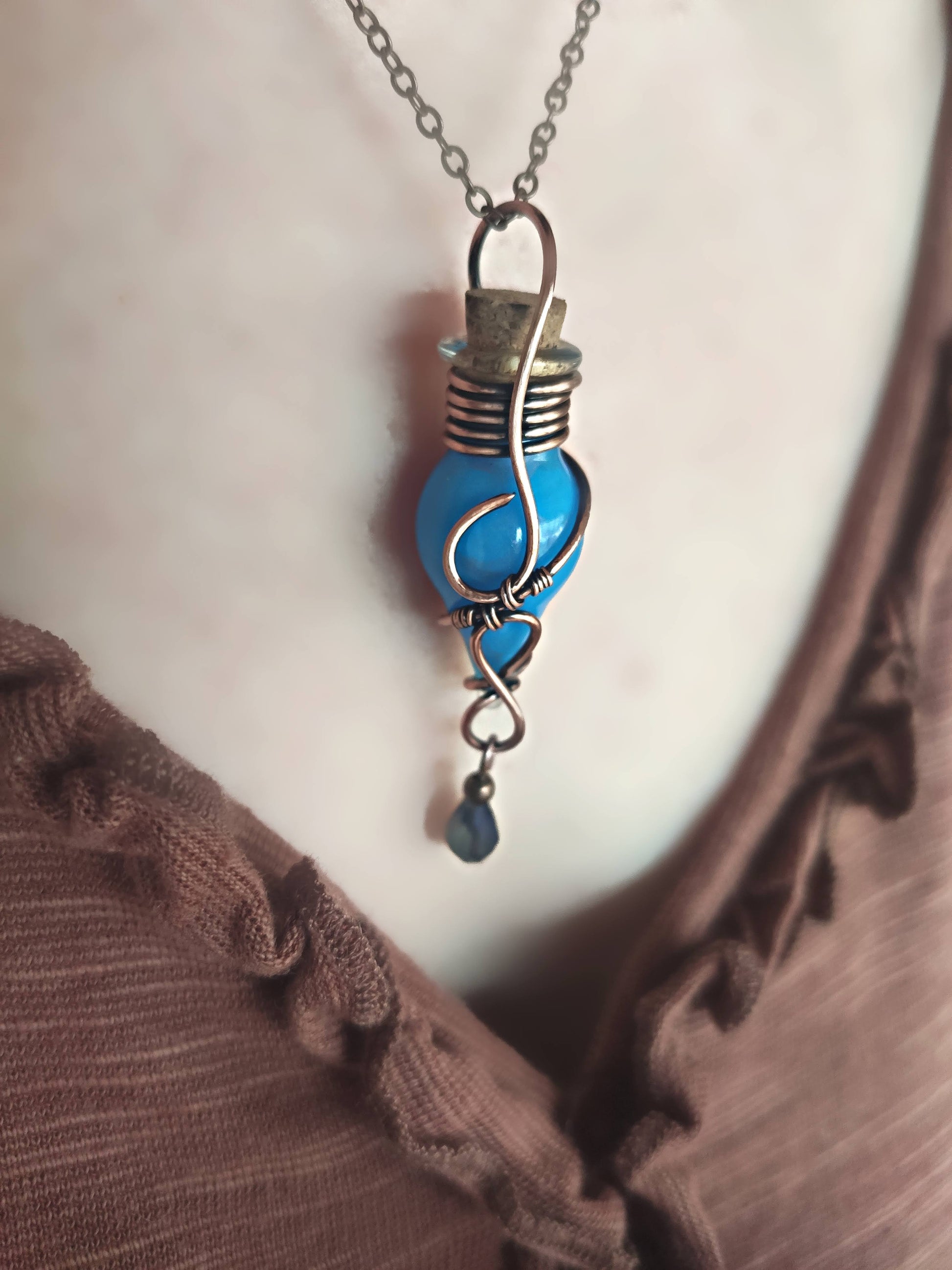 enchanted blue potion bottle necklace fantasy magical handmade jewelry